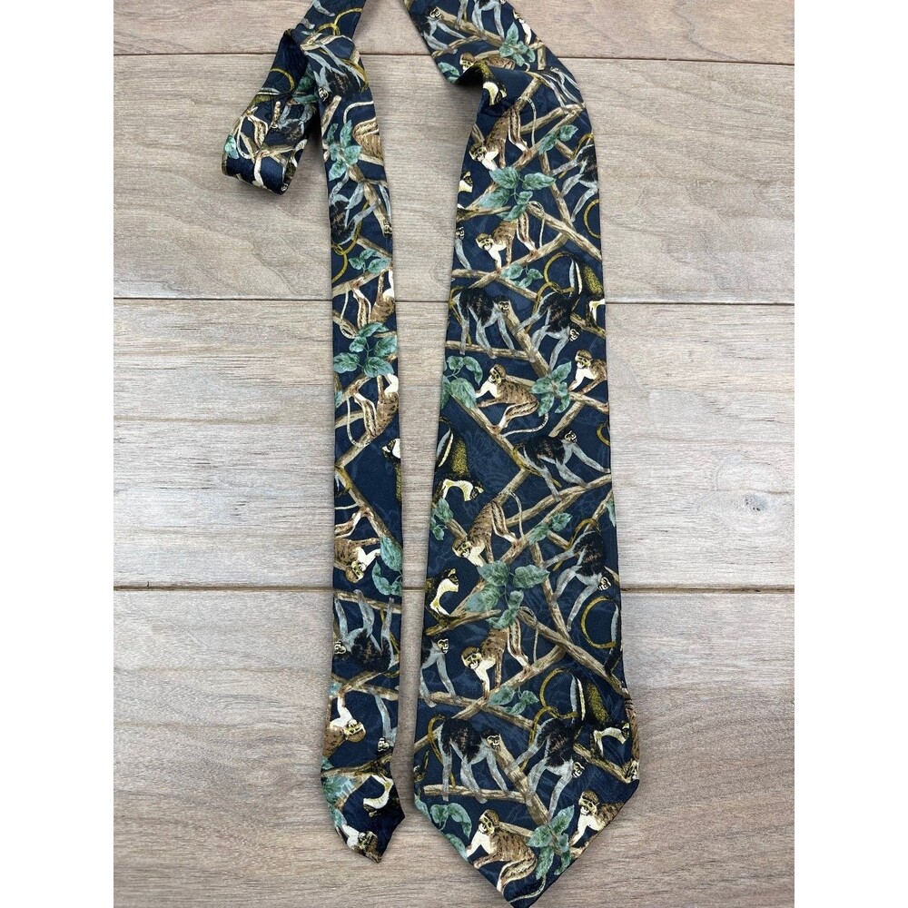 Wembley Men's Tie Navy Blue Monkey Pattern Silk Skinny